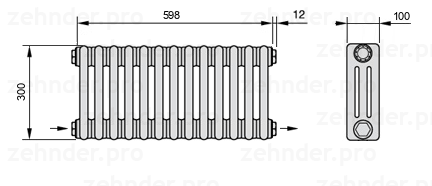 Схема (чертеж) Радиатор Zehnder Charleston 3030/13 №2670 Белый глянцевый RAL 9016
